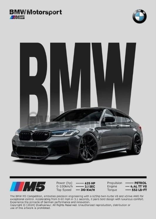 BMW M5 performance sedan in dark grey with BMW Motorsport styling and specifications displayed on a minimalist poster.