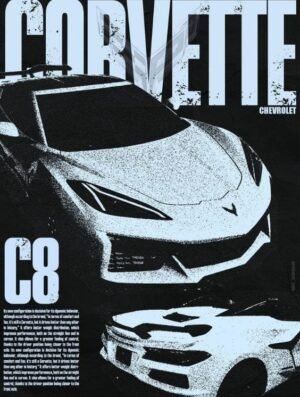 Chevrolet Corvette C8 – American Supercar Poster Chevrolet Corvette C8 sports car poster featuring a dramatic high-contrast front view.