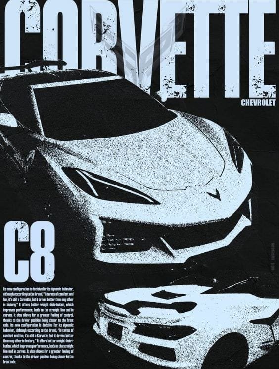 Chevrolet Corvette C8 – American Supercar Poster Chevrolet Corvette C8 sports car poster featuring a dramatic high-contrast front view.