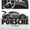 Porsche 911 GT3 RS Performance Poster Black-and-white Porsche 911 GT3 RS poster featuring a detailed wheel and rear wing close-up with a side profile of the sports car.