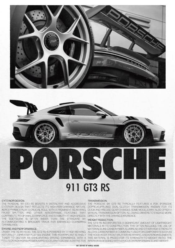 Porsche 911 GT3 RS Performance Poster Black-and-white Porsche 911 GT3 RS poster featuring a detailed wheel and rear wing close-up with a side profile of the sports car.