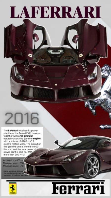 Ferrari LaFerrari 2016 poster featuring the maroon hybrid hypercar with its butterfly doors open.