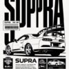 Toyota Supra 1998–2002 poster featuring a black-and-white illustration of the sports car, with JZ engine and transmission graphics.