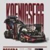Koenigsegg Regera hypercar poster featuring the black and red car with its doors open, along with performance specifications and technical details.
