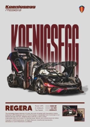 Koenigsegg Regera Hypercar – Performance & Hybrid Power Poster Koenigsegg Regera hypercar poster featuring the black and red car with its doors open, along with performance specifications and technical details.