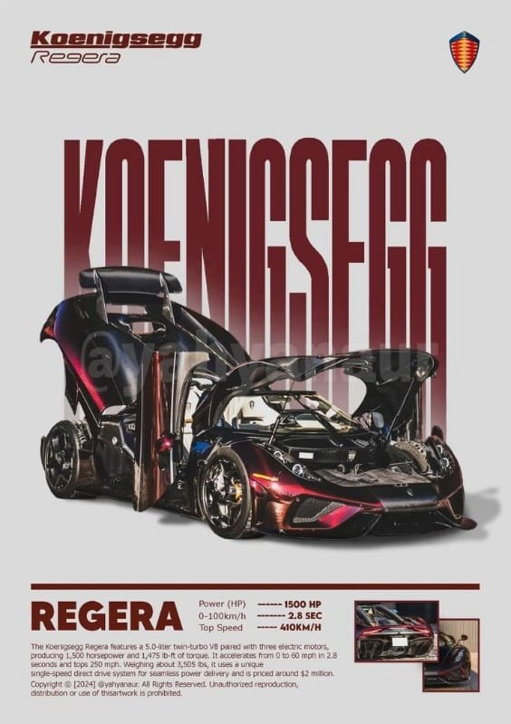 Koenigsegg Regera hypercar poster featuring the black and red car with its doors open, along with performance specifications and technical details.