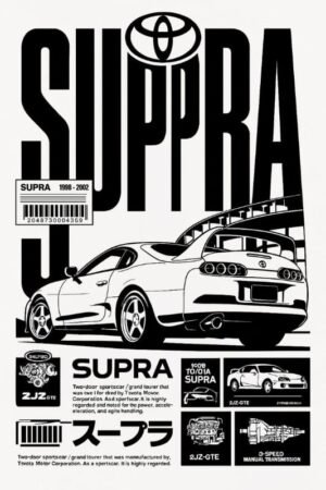 Toyota Supra 1998–2002 poster featuring a black-and-white illustration of the sports car, with JZ engine and transmission graphics.