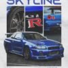 Blue Nissan Skyline GT-R sports car featured in a vintage-style JDM poster