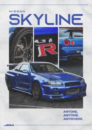 Blue Nissan Skyline GT-R sports car featured in a vintage-style JDM poster