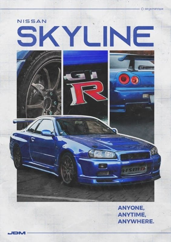 Blue Nissan Skyline GT-R sports car featured in a vintage-style JDM poster