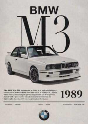 White BMW E30 M3 displayed in a vintage-style poster design with large “BMW M3” typography and 1989 specifications.