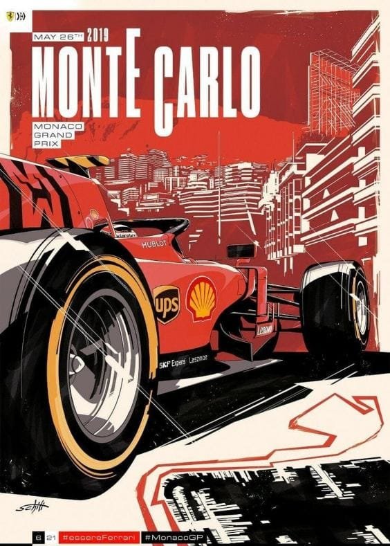 Monte Carlo Monaco Grand Prix 2019 Ferrari Racing Poster Stylized illustration of a Ferrari Formula 1 race car competing on the Monte Carlo street circuit during the 2019 Monaco Grand Prix.