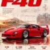 Red Ferrari F40 displayed in a vintage-inspired poster featuring Pista di Fiorano, technical sketches, and performance specifications.