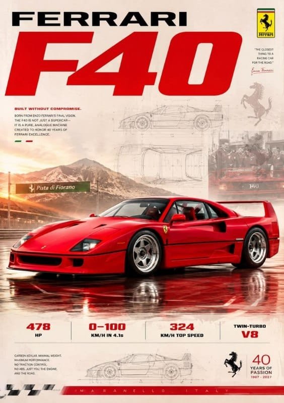 Red Ferrari F40 displayed in a vintage-inspired poster featuring Pista di Fiorano, technical sketches, and performance specifications.