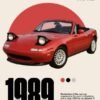 Red 1989 Mazda MX-5 Miata convertible with pop-up headlights displayed on a vintage-style poster.