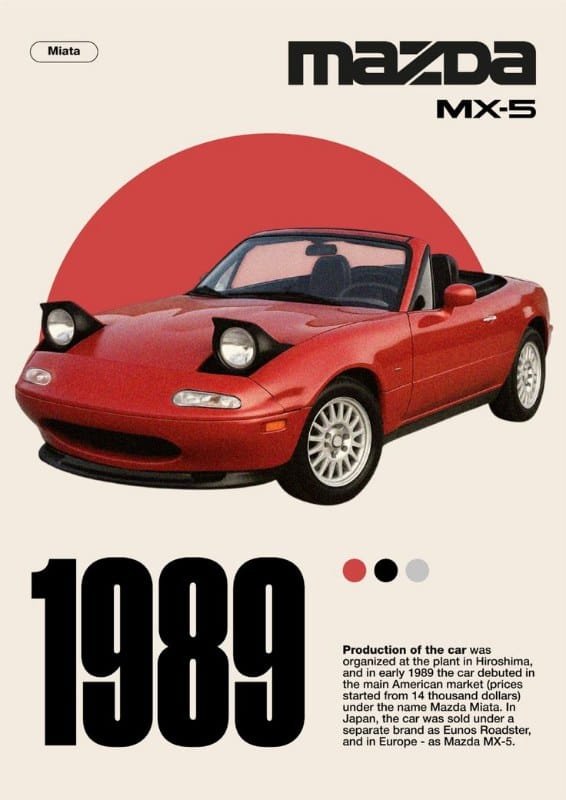 Red 1989 Mazda MX-5 Miata convertible with pop-up headlights displayed on a vintage-style poster.