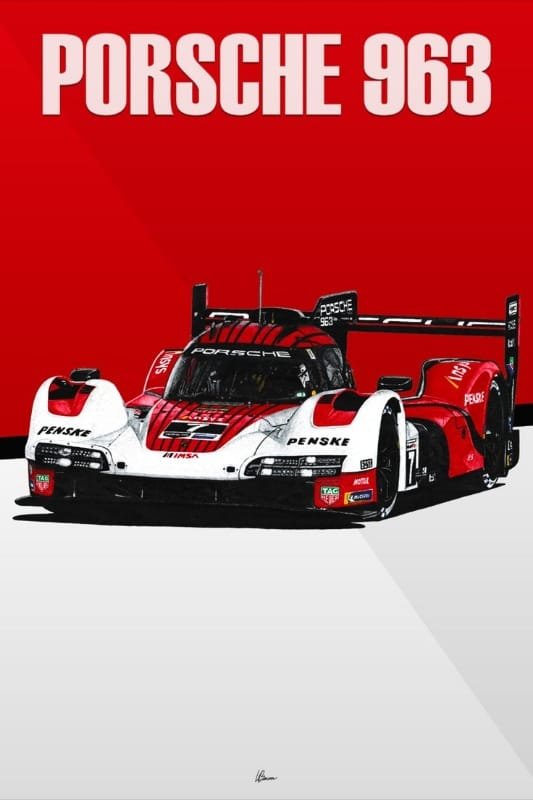 Porsche 963 Racing Car Poster Porsche 963 endurance racing car in a white, red, and black racing livery against a bold red background.