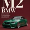 Green BMW M2 sports car displayed on a dark red background with large BMW M2 typography.