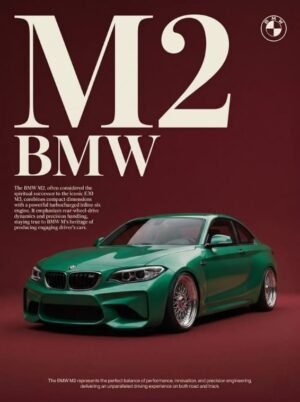 BMW M2 Green Sports Car Poster Green BMW M2 sports car displayed on a dark red background with large BMW M2 typography.