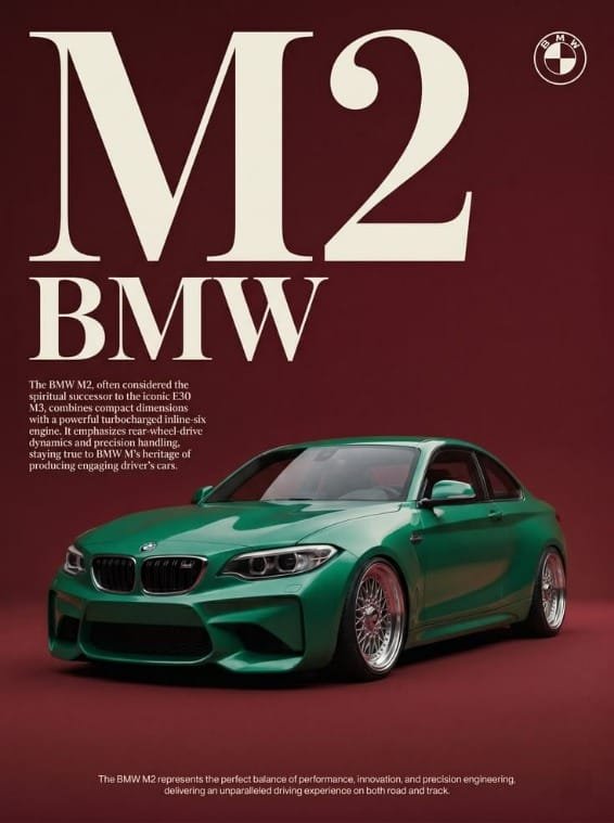 Green BMW M2 sports car displayed on a dark red background with large BMW M2 typography.