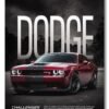 Red Dodge Challenger SRT Demon muscle car shown in a dramatic black-and-white automotive poster design.