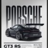 Porsche 911 GT3 RS in black with a large rear wing on a minimalist poster