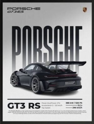 Porsche 911 GT3 RS Performance Car Poster Porsche 911 GT3 RS in black with a large rear wing on a minimalist poster