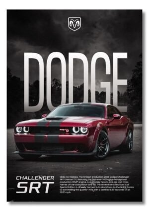 Dodge Challenger SRT Demon – American Muscle Car Poster Red Dodge Challenger SRT Demon muscle car shown in a dramatic black-and-white automotive poster design.