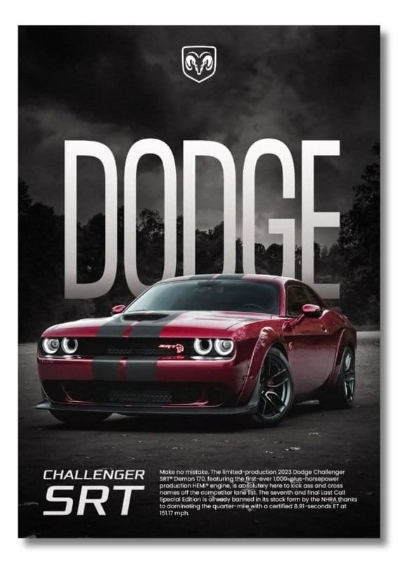 Red Dodge Challenger SRT Demon muscle car shown in a dramatic black-and-white automotive poster design.