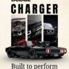 Black Dodge Charger muscle car poster featuring a rear three-quarter view, interior details, front headlights, and the text “Built to Perform.