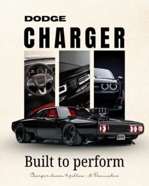 Dodge Charger Built to Perform Vintage Car Poster Black Dodge Charger muscle car poster featuring a rear three-quarter view, interior details, front headlights, and the text “Built to Perform.