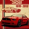 Red Ford Mustang Boss 302 with a vintage illustration of the classic Mustang above it.