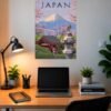 Japan Mount Fuji poster displayed above a modern desk with a laptop, lamp, plants, and books