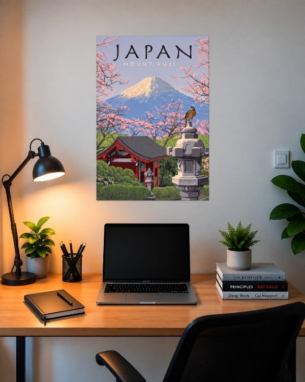 Japan Mount Fuji poster displayed above a modern desk with a laptop, lamp, plants, and books