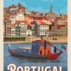 Portugal Vintage Travel Poster Vintage-style illustrated Portugal travel poster showing a colorful riverside city, traditional boat, blue sky, and Portuguese flag.