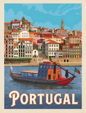 Vintage-style illustrated Portugal travel poster showing a colorful riverside city, traditional boat, blue sky, and Portuguese flag.