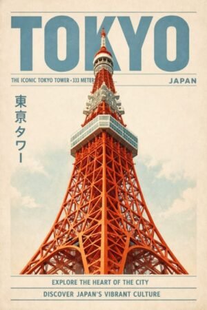 Vintage-style Tokyo travel poster featuring the red and white Tokyo Tower against a blue sky.