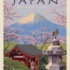 Japan Mount Fuji poster displayed above a modern desk with a laptop, lamp, plants, and books