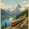 Switzerland Alpine Railway Vintage Travel Poster Vintage-style Switzerland travel poster featuring a red and cream train traveling beside a mountain lake, with snow-covered Alpine peaks and pine forests.