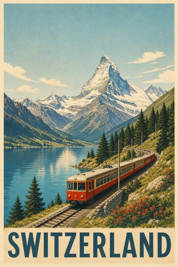 Switzerland Alpine Railway Vintage Travel Poster Vintage-style Switzerland travel poster featuring a red and cream train traveling beside a mountain lake, with snow-covered Alpine peaks and pine forests.