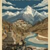 Vintage-style Leh-Ladakh travel poster featuring snow-capped Himalayan mountains, a mountain village, a river, prayer flags, a stupa, and a Royal Enfield motorcycle.