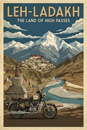 Vintage-style Leh-Ladakh travel poster featuring snow-capped Himalayan mountains, a mountain village, a river, prayer flags, a stupa, and a Royal Enfield motorcycle.