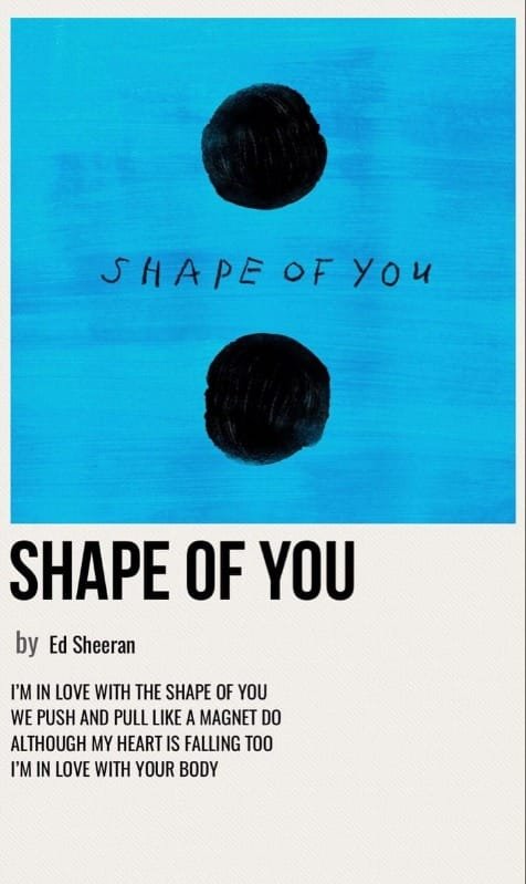 Shape of You – Ed Sheeran Music Poster Shape of You poster by Ed Sheeran featuring a blue background and two black circular shapes.