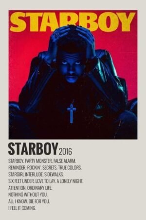 Starboy – The Weeknd 2016 Poster Starboy 2016 music poster featuring The Weeknd in a dark blue and red portrait with bold typography.