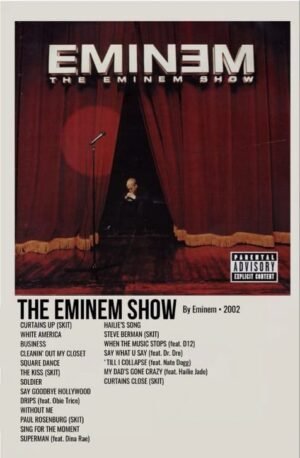 The Eminem Show 2002 poster featuring Eminem standing between red stage curtains with a microphone.