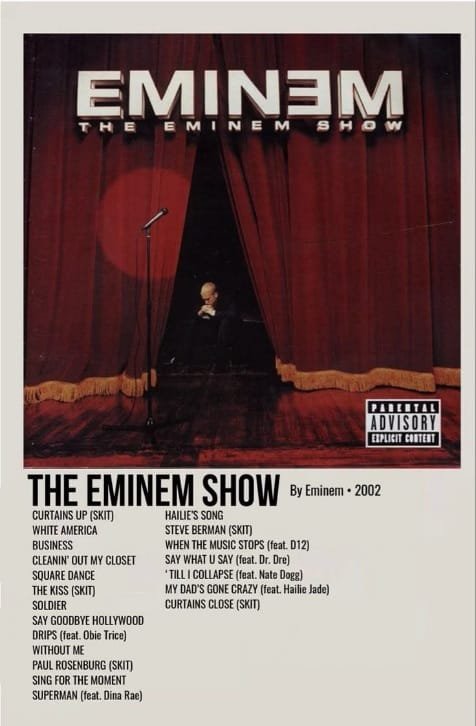The Eminem Show – Eminem 2002 Poster The Eminem Show 2002 poster featuring Eminem standing between red stage curtains with a microphone.