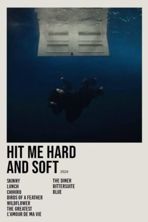 Hit Me Hard and Soft 2024 poster featuring an underwater diver beneath a floating structure, with bold black typography.