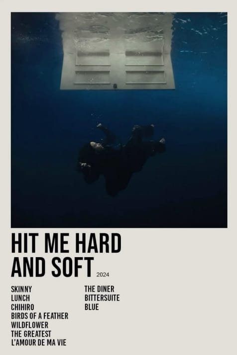 Hit Me Hard and Soft 2024 poster featuring an underwater diver beneath a floating structure, with bold black typography.
