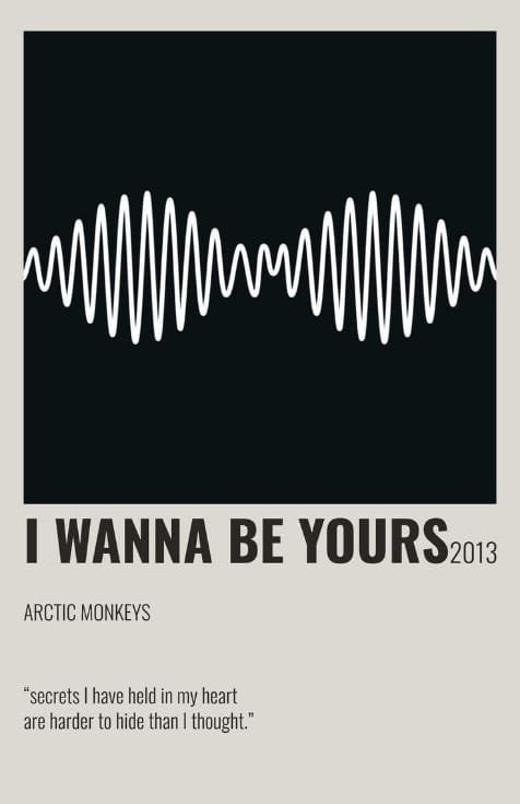 Minimalist black and white Arctic Monkeys “I Wanna Be Yours” poster featuring a white soundwave design.