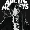 Black and white Arctic Monkeys poster featuring a guitarist and singer performing with a microphone.